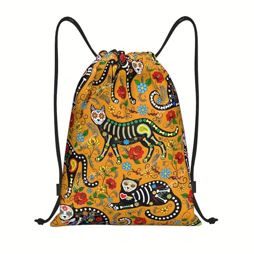 Richugui 3D Print Drawstring Backpack Cat Drawstring Backpack Sugar Skull Black Cats Mexican Style Pattern Animals String Bag Sackpack von Richugui