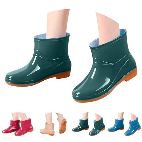 Gummistiefel Damen Für Regen Niedrig Winddicht 2025 Rutschfeste Gepolsterte Stiefeletten Einfarbig Bequeme Ankle Boot Mode Kurze Stiefel Outdoor Schuhe Wasserdicht Damen Elegant, grün, 36 EU von Richymfa