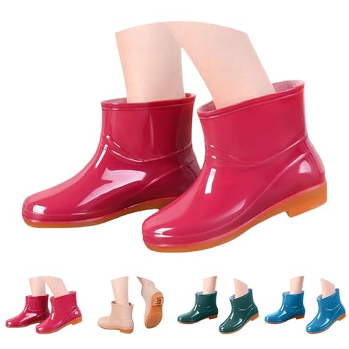 Gummistiefel Damen Für Regen Niedrig Winddicht 2025 Rutschfeste Gepolsterte Stiefeletten Einfarbig Bequeme Ankle Boot Mode Kurze Stiefel Outdoor Schuhe Wasserdicht Damen Elegant, rot, 36 EU von Richymfa