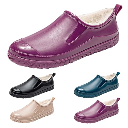Gummistiefel für Damen, wasserdicht, elegant, kurze Stiefel mit Fleece, winddicht, strapazierfähig, flache Outdoor-Schuhe, Ankle Boot für die Arbeit, bunt, regenfeste Stiefeletten für Damen von Richymfa