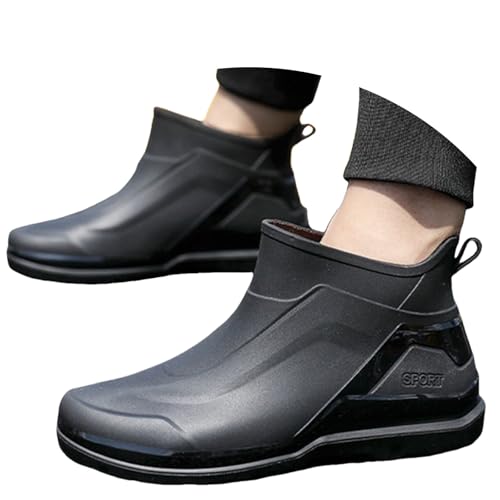 Richymfa Regenstiefel Herren Kurz Winddicht Arbeitsschuhe Wasserdicht Bequeme Stiefeletten Walking Strapazierfähig Chelsea Boot Garten Mittlere Höhe Regenschuhe Herren Niedrig, Schwarz , 42 EU von Richymfa