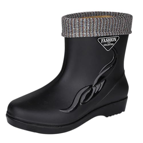 Richymfa Regenstiefel für Damen, winddicht, bunt, kurze Stiefel mit Fleece, rutschfest, für die Arbeit, Outdoor-Stiefel, modisch, robust, niedrig, Winterschuhe für Damen, Schwarz , 36 EU von Richymfa