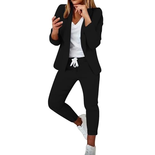 Richymfa Tailleur Damen Curvy 2 Stück elegantes Set für Damen Langarm Büro Blazer leicht Set mit Hose und Blazer für Zeremonie mit Hose/Rock, Schwarz , L von Richymfa