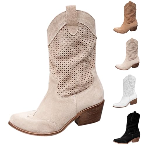 Richymfa Texani Cowboy Western Camperos Damenschuhe Spitze Boots Ethnische Stiefel mit perforiertem Absatz Texani Stiefeletten Elegante Stiefeletten Reitstiefel Cowgirl halbe Wade, 01 Beige, 35 EU von Richymfa