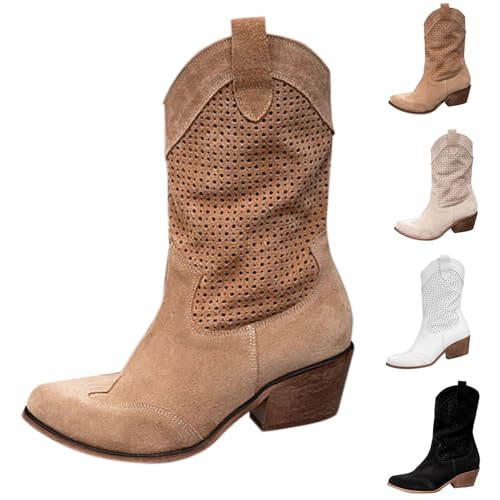 Richymfa Texani Cowboy Western Camperos Damenschuhe Spitze Boots Ethnische Stiefel mit perforiertem Absatz Texani Stiefeletten Elegante Stiefeletten Reitstiefel Cowgirl halbe Wade, 01 Braun, 37 EU von Richymfa