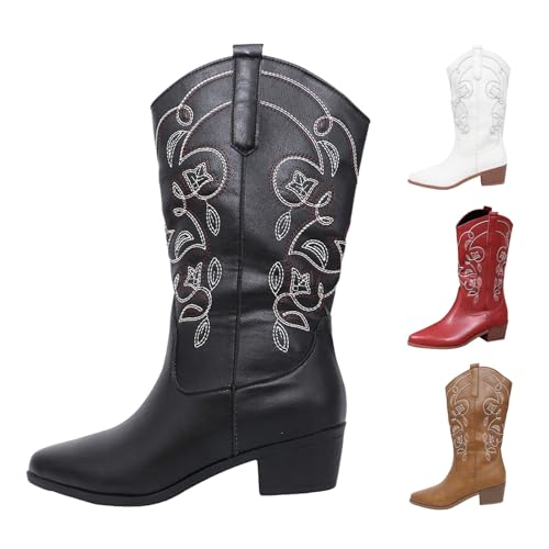 Richymfa Texani Cowboy Western Camperos Damenschuhe Spitze Boots Ethnische Stiefel mit perforiertem Absatz Texani Stiefeletten Elegante Stiefeletten Reitstiefel Cowgirl halbe Wade, 02 Schwarz, 42 EU von Richymfa