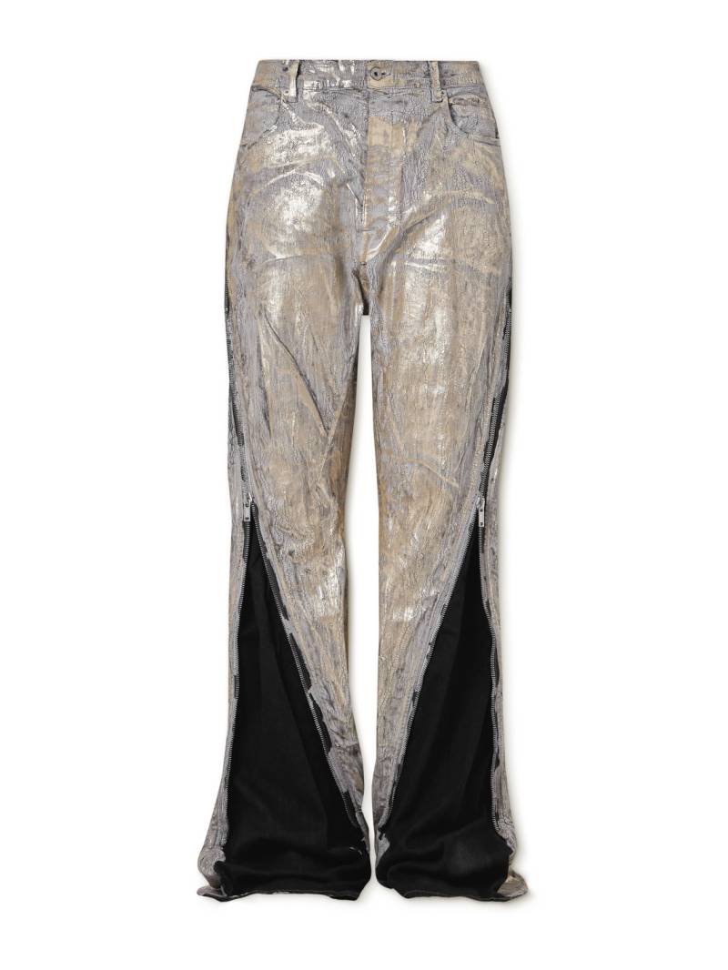 Rick Owens - Bolan Flared Zip-Embellished Distressed Metallic Jeans - Men - Gold - UK/US 36 von Rick Owens