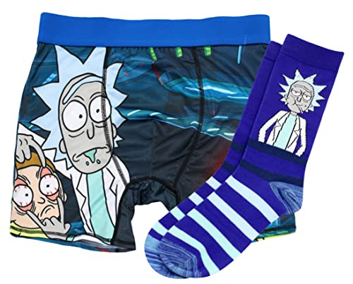 RICK AND MORTY Herren Boxershorts und Socken Set – Neuheit Charakter Crew Socken und Unterwäsche Combo Set, Schwarz, Large von Rick and Morty