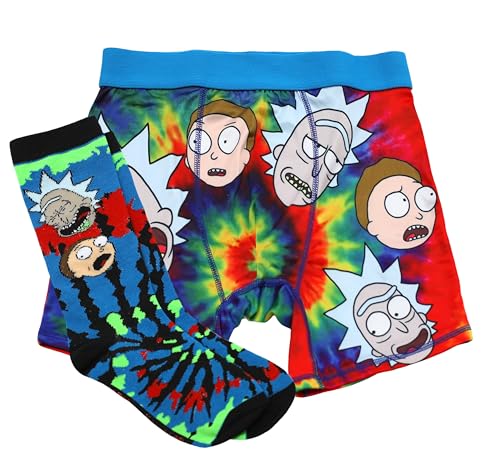 RICK AND MORTY Herren Boxershorts und Socken Set – Neuheit Charakter Crew Socken und Unterwäsche Combo Set, rot / blau, Small von RICK AND MORTY