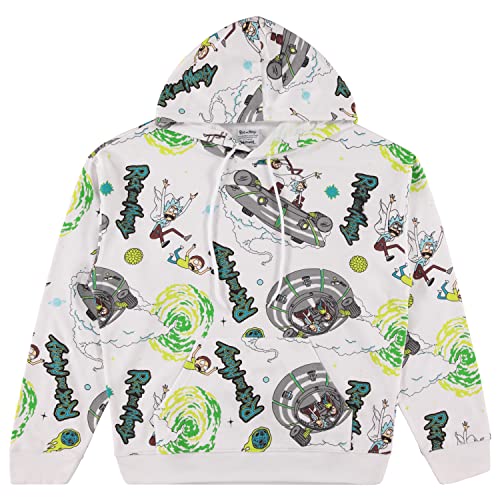 RICK AND MORTY Herren-Kapuzenpullover für Herren, Multi-Print-Sweatshirt – Rick & Morty, Sommer, Squanchy, klassischer Kapuzenpullover, Weiß Allover, Medium von RICK AND MORTY