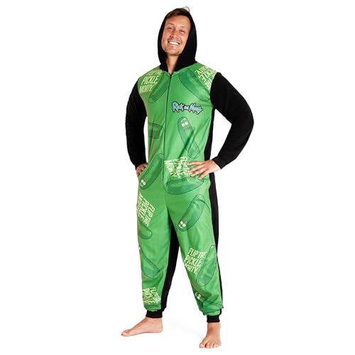 Rick and Morty Onesie Fleece Herren - Kapuzen-Flausch-Fleece-Einteiler für Männer - Größen M-3XL Herren Loungewear (Grün/Schwarz, 2XL) von Rick and Morty