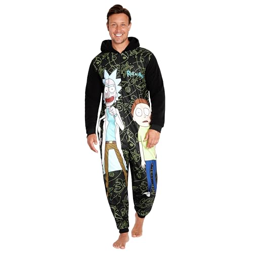 Rick and Morty Onesie Fleece Herren - Kapuzen-Flausch-Fleece-Einteiler für Männer - Größen M-3XL Herren Loungewear (Schwraz/Mehrfarbig, L) von Rick and Morty