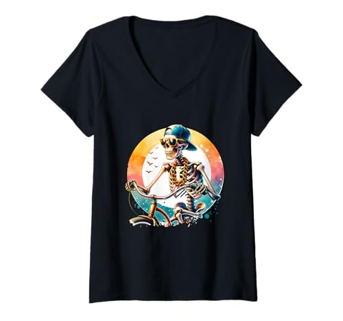 Damen Ride Your Bike Radfahren Skelett Abenteuer Grafik T-Shirt mit V-Ausschnitt Damen Ride Your Bike Radfahren Skelett Abenteuer Grafik T-Shirt mit V-Ausschnitt von Ride Your Bike Skeleton Style With Cool Shades