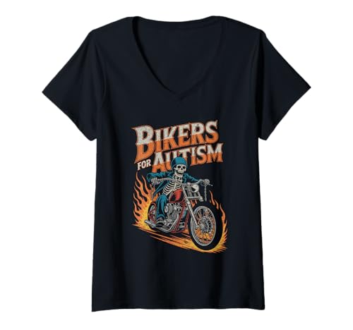Damen Biker für Autismus Skelett Rider Motorrad Feuer Flammen T-Shirt mit V-Ausschnitt Damen Biker für Autismus Skelett Rider Motorrad Feuer Flammen T-Shirt mit V-Ausschnitt von RideAware