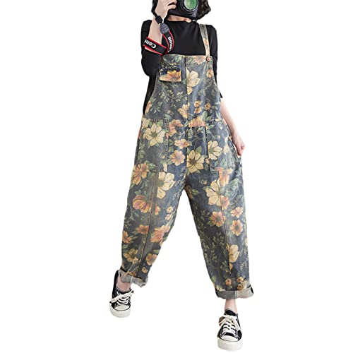 Rideneey Lässige losen Jeans -Jumpsuits Frauen Frühling Herbst Print Blumen -Denim Overalls Weitbein Müdhosen Gurte Baggy Hosen Mixed Color M von Rideneey