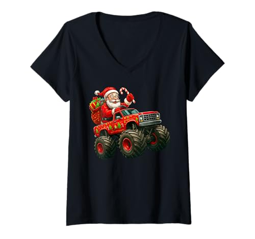 Damen Weihnachtsmann fährt einen großen Weihnachtswagen T-Shirt mit V-Ausschnitt von Riding with Santa