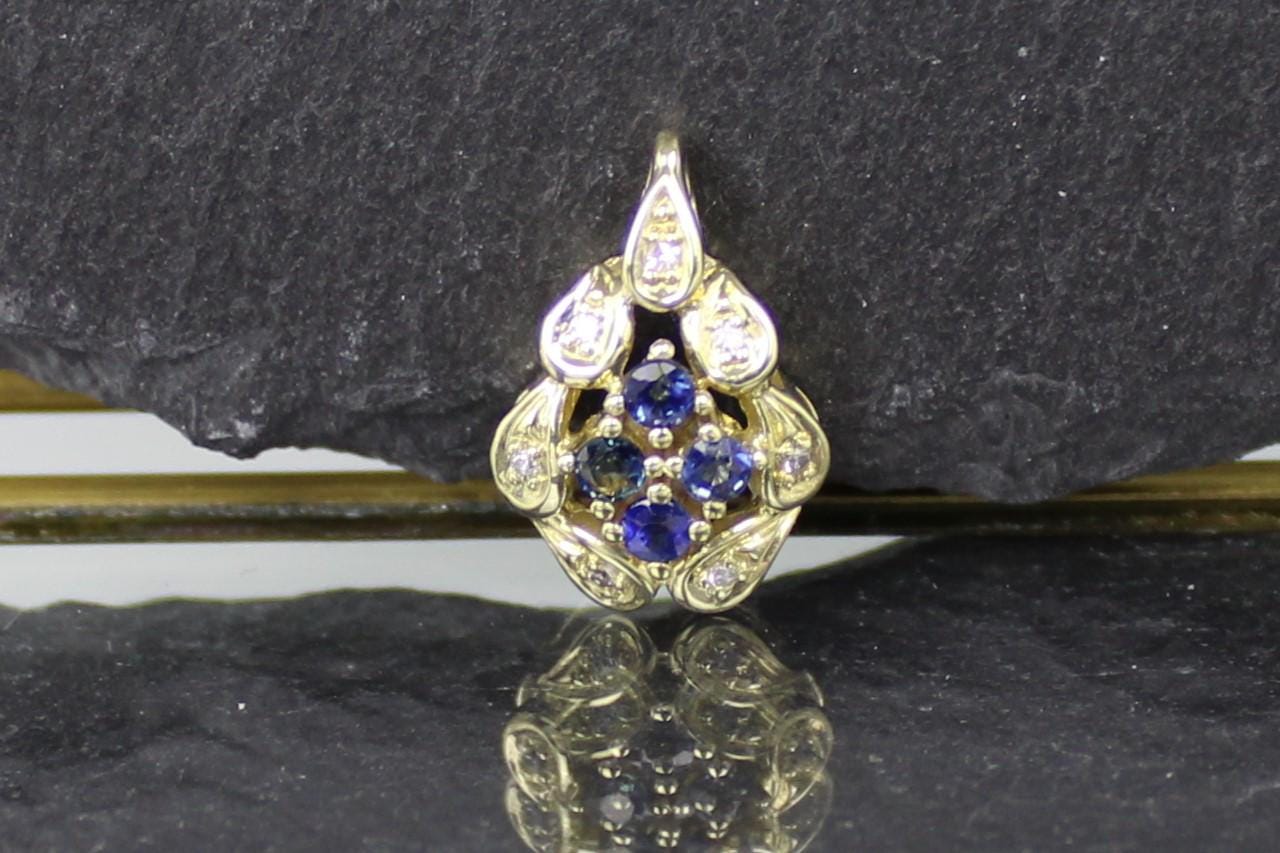 Diamant-Saphir Anhänger, Goldanhänger, 585Er Gelbgold | Diamond & Sapphire Pendant, Gold 14K Gold von RiedAntik