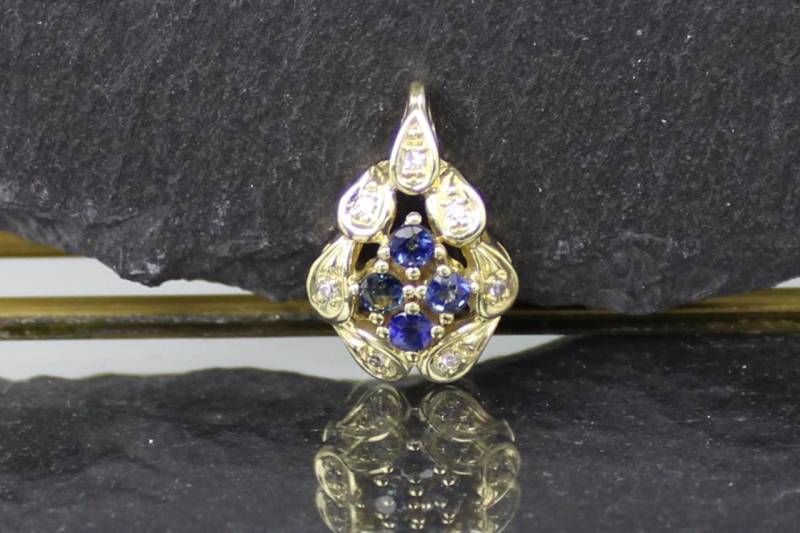 Diamant-Saphir Anhänger, Goldanhänger, 585Er Gelbgold | Diamond & Sapphire Pendant, Gold 14K Gold von RiedAntik