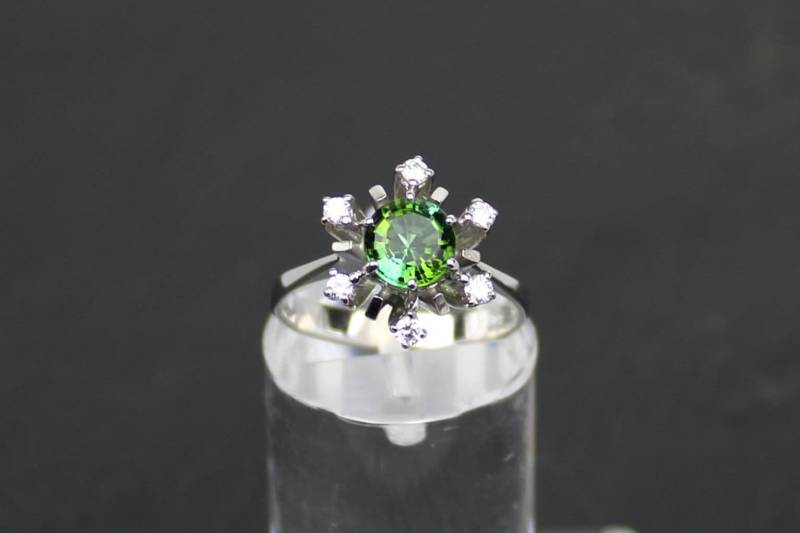 Gold-Turmalin-Brillantring Aus 14-Karätigem Weißgold | Gold Tourmaline Diamond Ring in 14K White Gold von RiedAntik