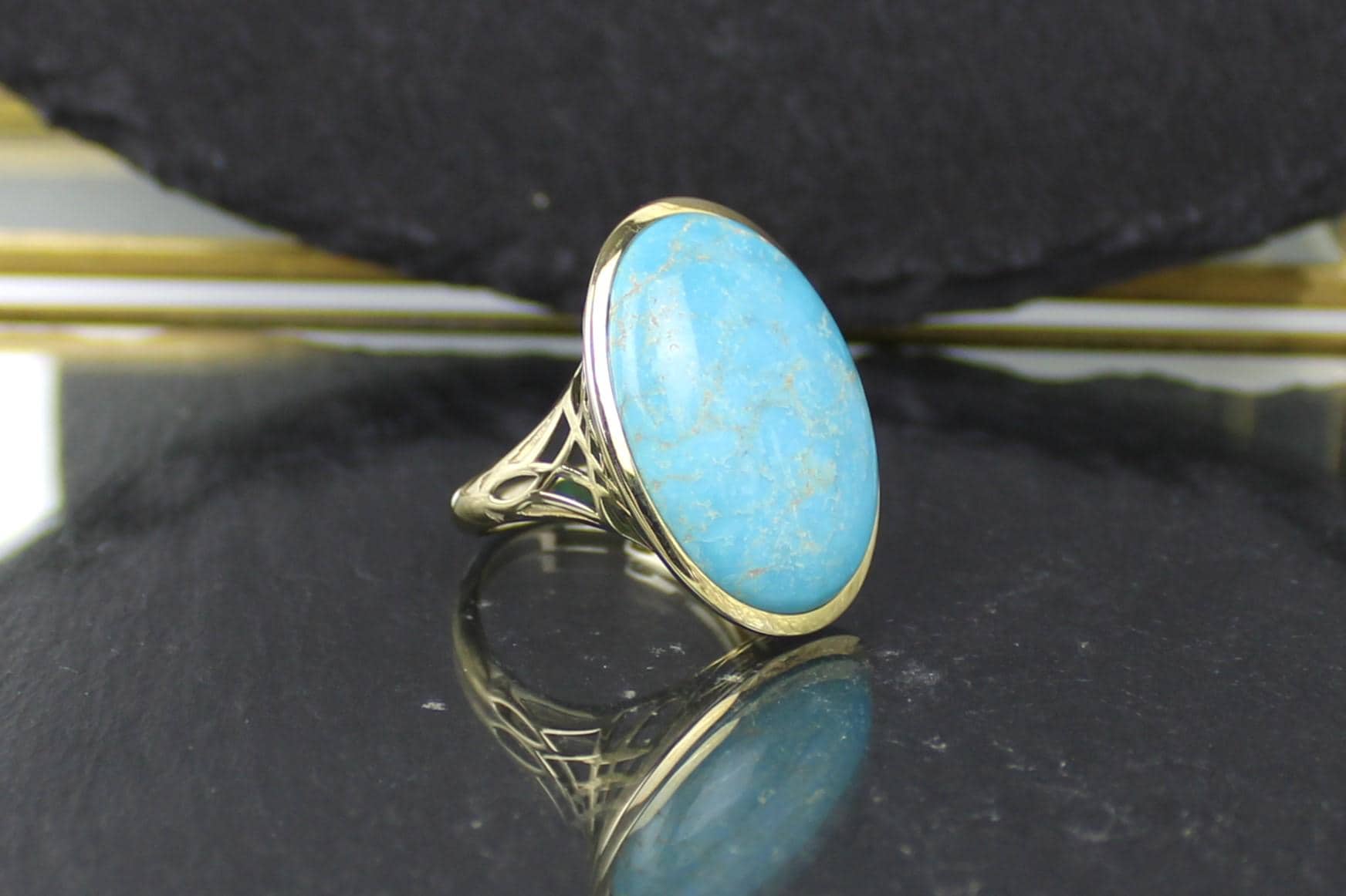 Türkisring, Türkis-Goldring, 375Er Gelbgold, 8 Karat | Turquoise Gold Ring, 375 Yellow Gold, Karat von RiedAntik