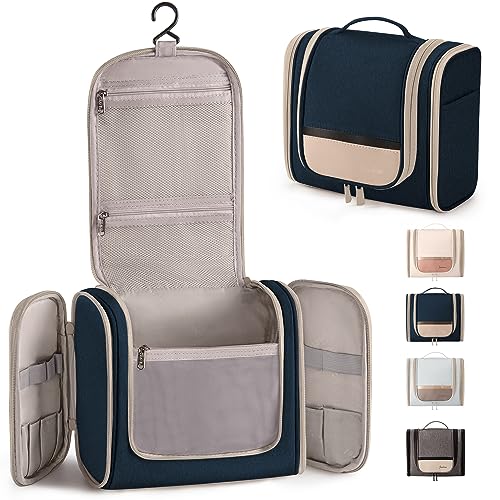 Rieeyrslza Kulturtasche zum Aufhängen Faltbare Waschtasche mit Haken Reise Kulturbeutel für Männer & Frauen Toiletten Tasche mit Henkel Hängend für Make-up und Toilettenartikel(Dunkelblau+Beige) von Rieeyrslza