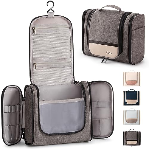 Rieeyrslza Kulturtasche zum Aufhängen Faltbare Waschtasche mit Haken Reise Kulturbeutel für Männer & Frauen Toiletten Tasche mit Henkel Hängend für Make-up und Toilettenartikel(Grau+Beige) von Rieeyrslza