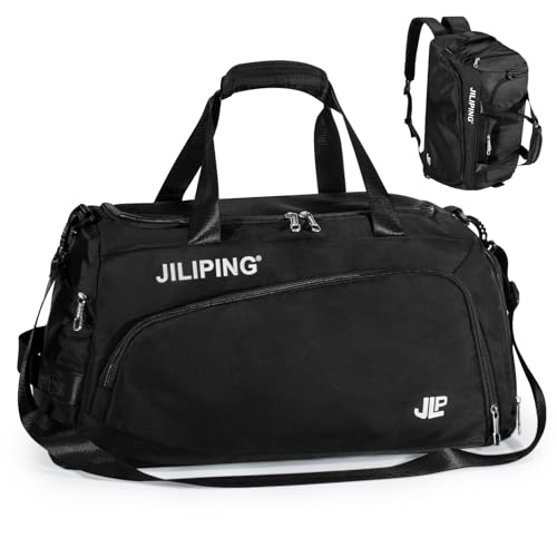 Rieeyrslza Sporttasche Fitnesstasche für Damen und Herren 42L Reisetasche Duffel Bag mit Schuhfach Übernachtungstasche, Verdeckbarer Rucksack, Verstellbarer Schultergurt (4202# Schwarz) von Rieeyrslza