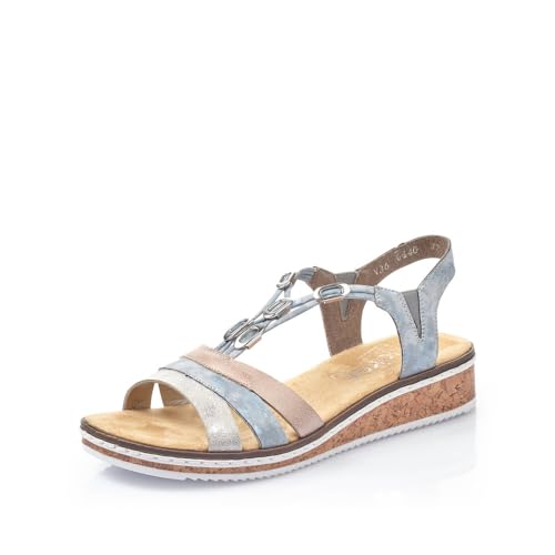 Rieker Damen Keilsandalen V36G4, Frauen Sandalen,Freizeitschuhe,offene Schuhe,Strandschuhe,Keilsandaletten,Keilabsatz,blau Kombi (40),37 EU / 4 UK von Rieker