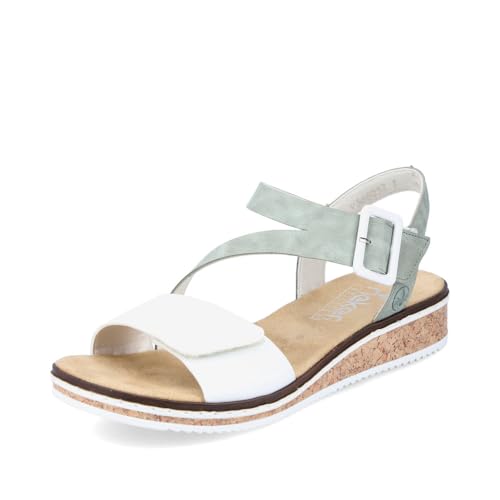 Rieker Damen Keilsandalen V3660, Frauen Sandalen,Keilsandaletten,Keilabsatz,Wedge-Heel,flach,Sommerschuhe,offene Schuhe,grün Kombi (52),37 EU / 4 UK von Rieker