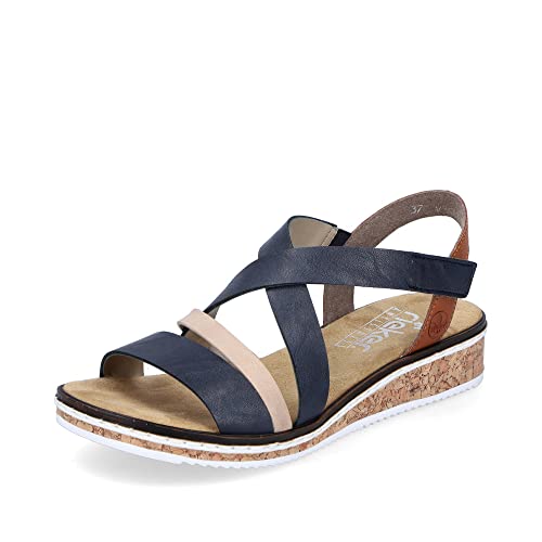 Rieker Damen Keilsandalen V3663, Frauen Sandalen,Wedge-Heel,bequem,flach,Sommerschuhe,Freizeitschuhe,offene Schuhe,blau Kombi (91),38 EU / 5 UK von Rieker