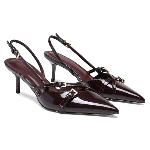 Riekhany Slingback-Pumps mit Absatz für Damen, geschlossene, spitze Zehenpartie, Pumps mit Schnallen, Kirschrot, 39 EU Riekhany Slingback-Pumps mit Absatz für Damen, geschlossene, spitze Zehenpartie, Pumps mit Schnallen, Kirschrot, 39 EU von Riekhany