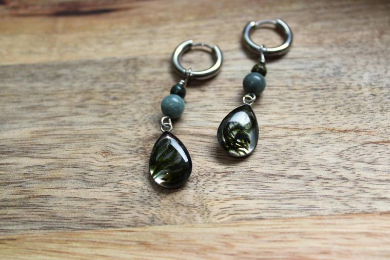 Moos-Ohrringe in Epoxidharz Mit Jaspis & Jade - Geschenk Für Freundin Schwester Trauzeugin - Hochzeitsschmuck Edelstahl, Langlebig, Wasserfest von RiemadeStore