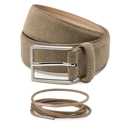 Riemen & Co DTCH. FIT Herrengürtel Bobby aus Wildleder - Taupe - 85cm - 3.5cm breit & Taupe klassische Schnürsenkel - 75cm von Riemen & Co