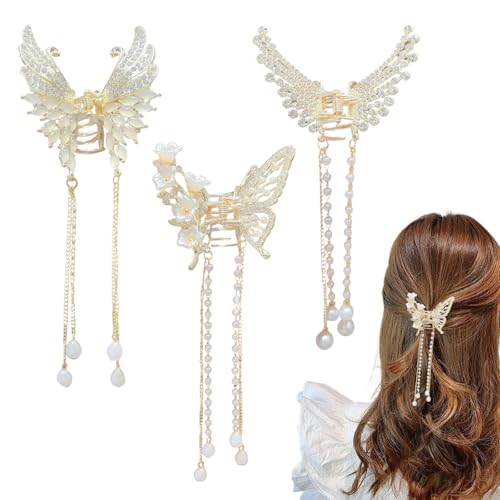 3er-Pack Schmetterling Haarklammer Haarklammer Schmetterling Gold Metall mit Fransen Haarspangen Quasten-Haarklammer Elegante Perlen-Strass-Haarspange für Frauen und Mädchen von Rienan