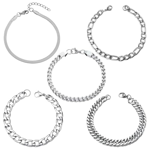 Rienan 5 Stück Armband Herren Silber Silber Armband Stapelbar Silberarmband Damen Mehrere Stile zur Auswahl Fällt Nicht Leicht Ab Ein Geschenk für Ihren Vater Freund und Ehemann. von Rienan