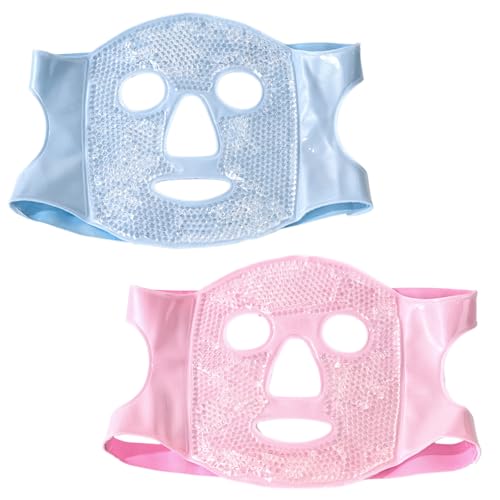 2 Stück Kühlmaske Gesicht, Schlafmaske Kühlend gegen Migräne Augenringe, Eismaske Wiederverwendbar mit Wärme- & Kältetherapie für Männer Frauen Kinder, Blau + Rosa von Rieoany