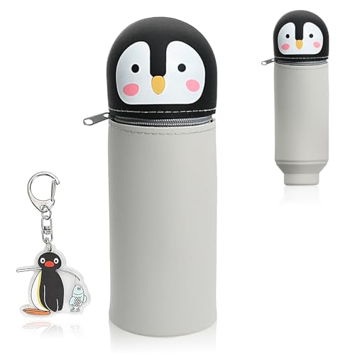 Rieoany 2-in-1 Federmäppchen aus Weichem Silikon mit Schlüsselanhänger, Teleskopisches Schlampermäppchen mit Pop-Up Bleistifthalter für Mädchen und Jungen, Cartoon Design, Schulsachen (Pinguin) von Rieoany