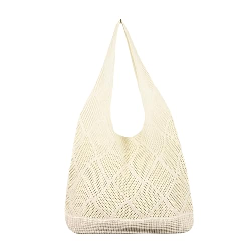 Strandtasche für Damen, Strandtasche Beige, 58×37 cm, Faltbare Strandtasche, Umhängetasche mit Häkel-Hohldesign, Polyestergewebe, Geeignet für Reisen und den Täglichen Gebrauch von Rieoany