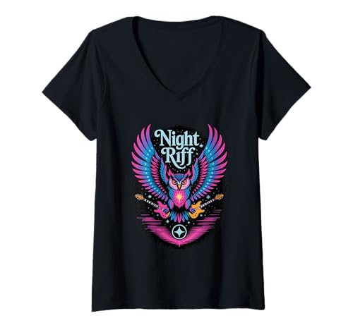 Damen Night Riff Eule mit Gitarren Cosmic Star Rock Fantasy T-Shirt mit V-Ausschnitt von RiffOwl