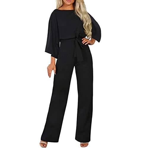 Einfarbiger Jumpsuit Damen Elegant Sommer Rundhals Langarm Overalls Weites Bein Romper mit Gürtel #1, Schwarz , 48 von Rifuli