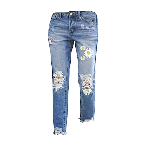 Jeans mit Chrysanthemenmuster, für Teenager, Mädchen, Damen, gerades Bein, gerade, zerrissene Jeans mit Löchern, rot, L von Rifuli