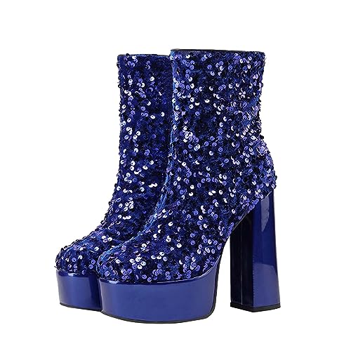 Rifuli 2023 Herbst und Winter Neue Frauen Teen Mädchen Kurzschaft Glitzer Plateau Absatz Stiefel, blau, 37.5 EU von Rifuli