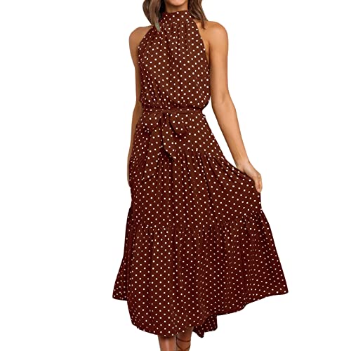 Rifuli Sommerkleid Damen Lang Polka Dot Neckholder Flowy Maxikleid, braun, Medium von Rifuli