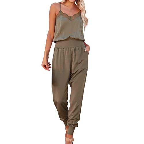 Spitzen-Patchwork-Jumpsuit für Damen, elegant, Sommer, Spaghettiträger, schulterfrei, Overall, grün, 46 von Rifuli