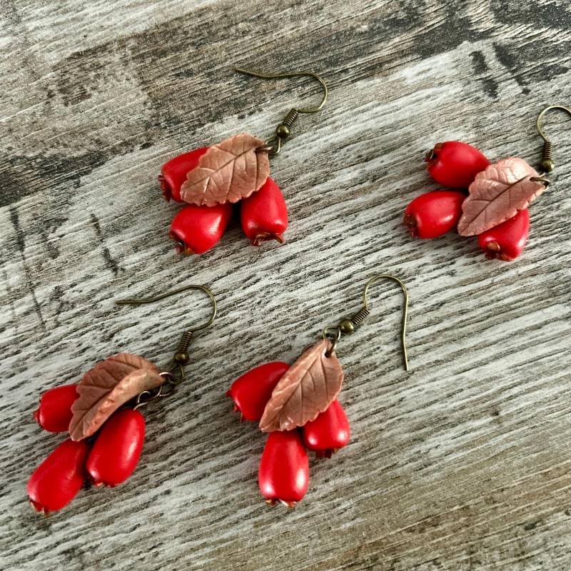 Hagebutten Ohrringe Mit Blatt, Herbstliche Schmuck, Fimo Schmuck von Rigelstern