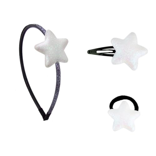 Righe e Pois - Set 3 Haar-Accessoires für Mädchen mit Glitzer-Stern 1 x Haarreif + 1 x Haargummi + 1 x Klick-Klack-Haarspange (3 Stück) (Weiß) von Righe e Pois