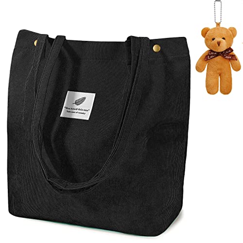 Right 20 Cord Tasche Damen Damen Umhängetache mit Innentaschen Casual Handtasche Shopper für Uni Arbeit Mädchen Schule (Schwarz-Blatt) von Right 20