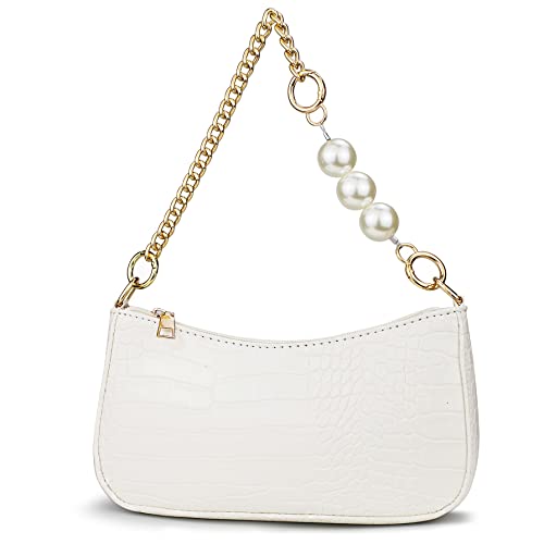 Right 20 Damen Handtasche mit Perlenkette Klein Schultertasche Weiß Damen PU Leder Umhängetasche Frau Vintage Shoulder Mini Handtasche Clutch Geldbörse Messenger Bag von Right 20