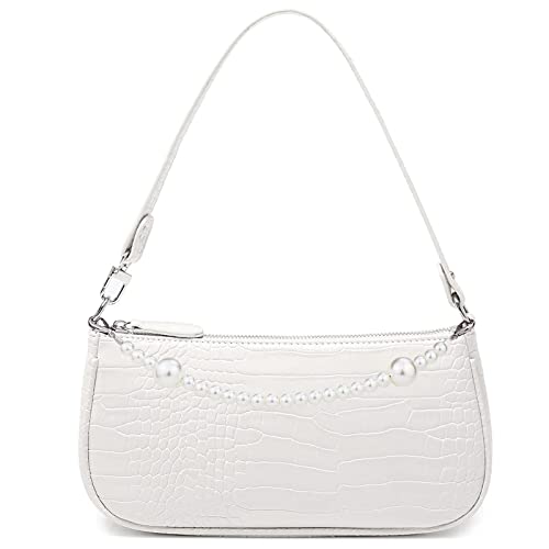 Right 20 Damen Umhängetasche Klein Weiß Mini Schultertasche mit Perlenkette 90s Handtasche Frau Vintage Shoulder Mini Handtasche Clutch Geldbörse Messenger Bag von Right 20