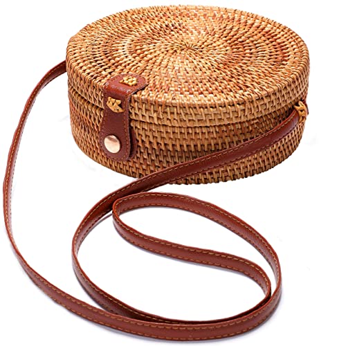 Right 20 Sommer Stroh Handtasche Damen Handgewebte Tasche, Sommer Strandtasche Cross Body böhmische handgefertigte Mini Stroh Einkaufstasche Damenhandtasche (Rattan-leather Buttons) von Right 20